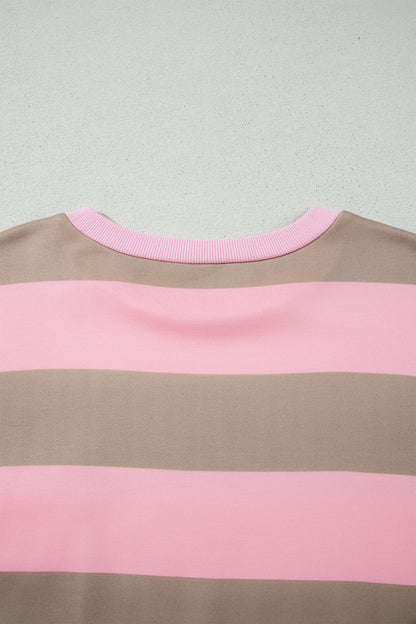 Pink Stripe Striped Colorblock Patch Pocket Split Hem Oversized Long Sleeve Sweatshirt