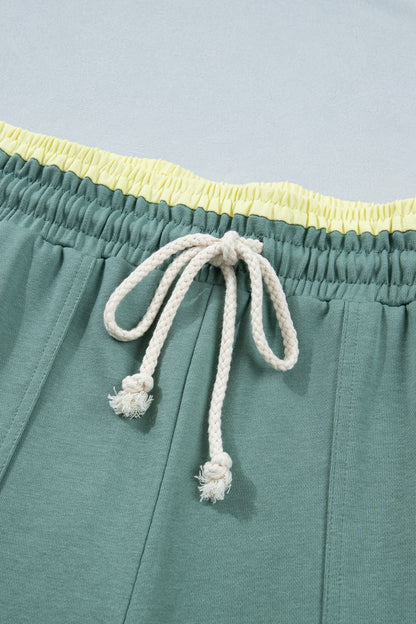 Sea Green Color Block Flower Patchwork Drawstring Contrasted Elastic Waist Wide Leg Pants