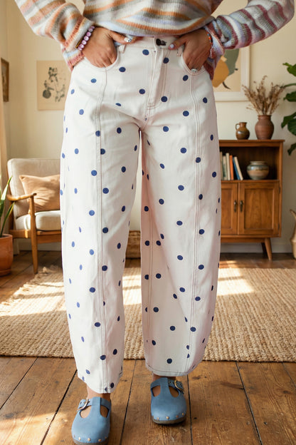 Pink Tailored Seam Polka Dot Print Ankle Length Casual Jeans