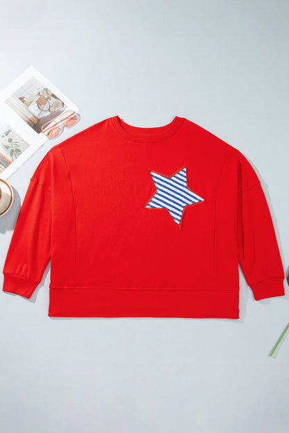 Fiery Red Patch Embroidery Star Colorblock Plus Size Sweatshirt