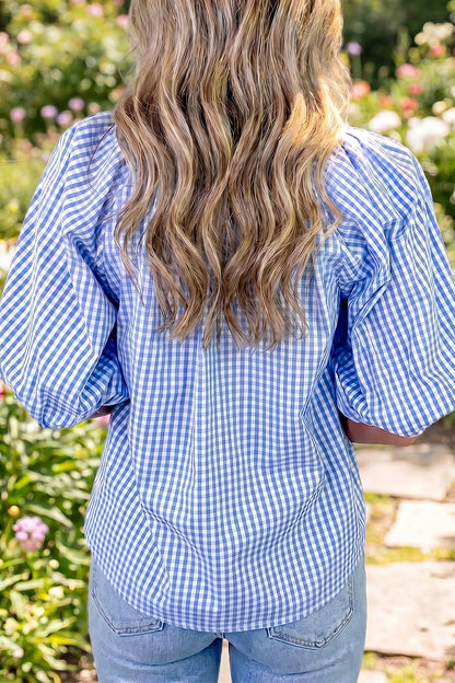 Sky Blue Summer Plaid V Neck Puff Sleeve Blouse