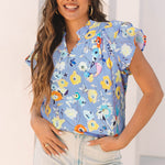 Sky Blue Flutter Sleeve V Neck Floral Top