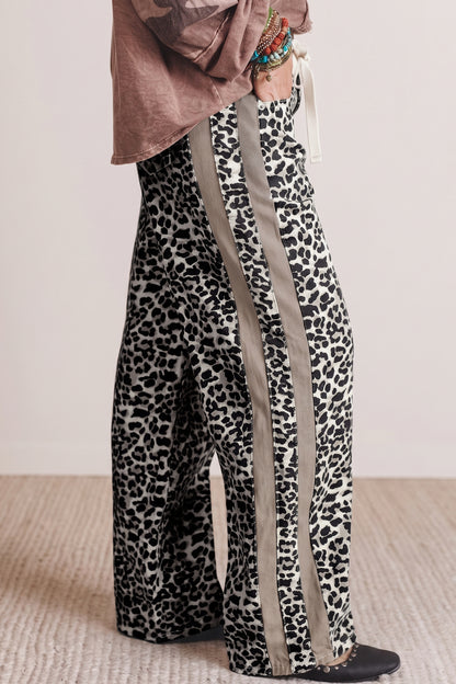 Khaki Leopard Print Drawstring Waist Straight Leg Jeans