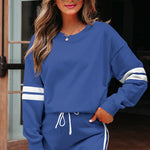 Sky Blue Varsity Stripe Detail Drop Shoulder Pullover Mini Skirt Set