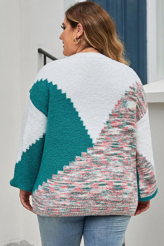 Suéter de talla grande con bloque de color festoneado multicolor 