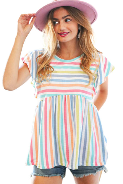 Multicolor Stripe Print Textured Knit Babydoll Blouse