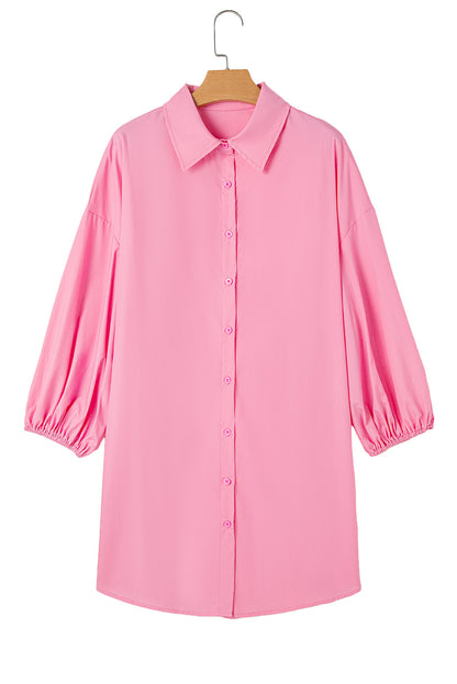 Bright Pink Balloon Sleeve Button Up Mini Shirt Dress