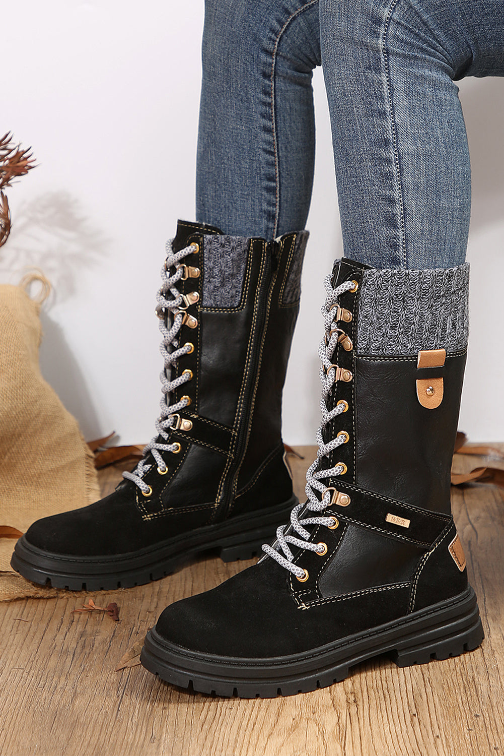 Coffee Wool Knit Patchwork Lace Up Leather Boots