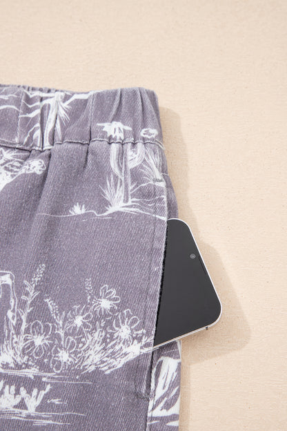 Gray Western Print Elastic Waist Cotton Denim Shorts