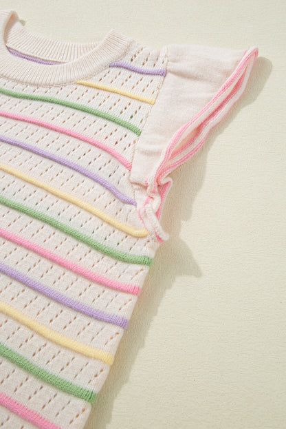 T-shirt pull à manches volantées en tricot à œillets rayé coloré couleur avoine