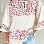 Red Floral Print Gauze Patchwork Henley Button 3/4 Sleeve Blouse