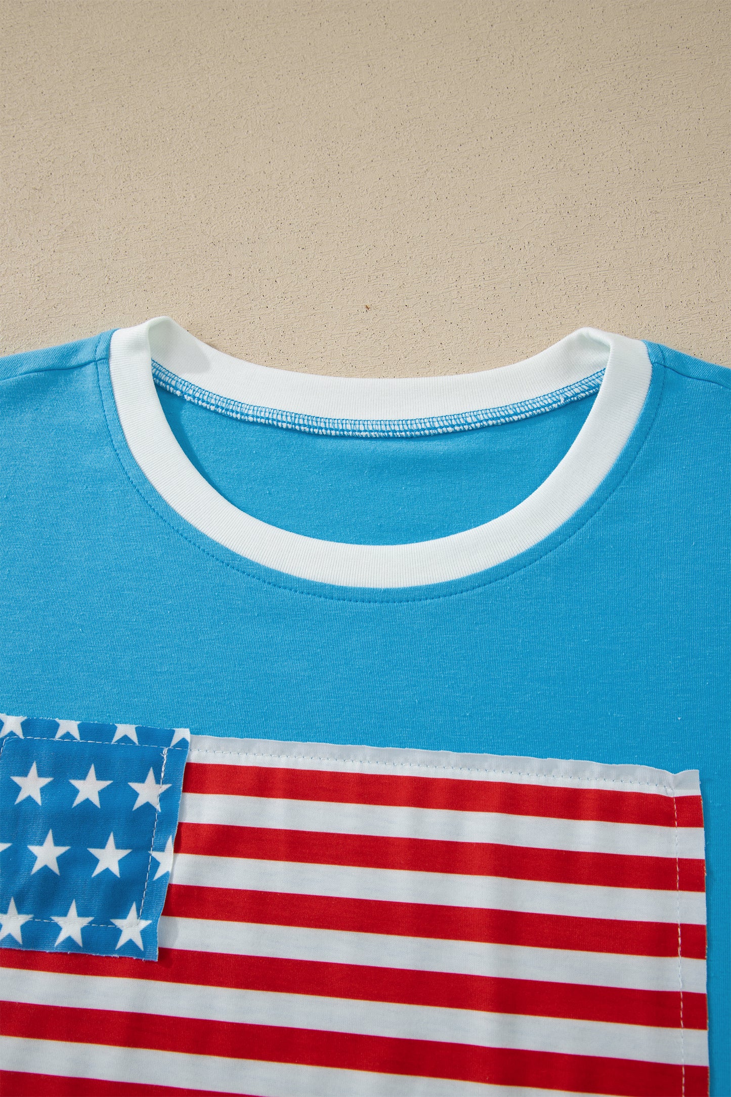 Light Blue Flag Print Patchwork Colorblock July 4th T Shirt