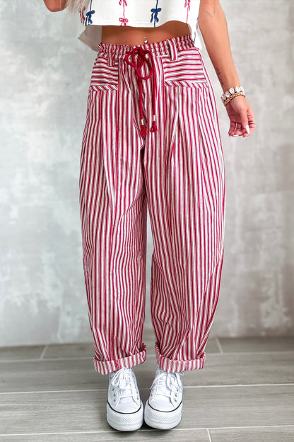 Red Stripe Drawstring Casual Loose Pants