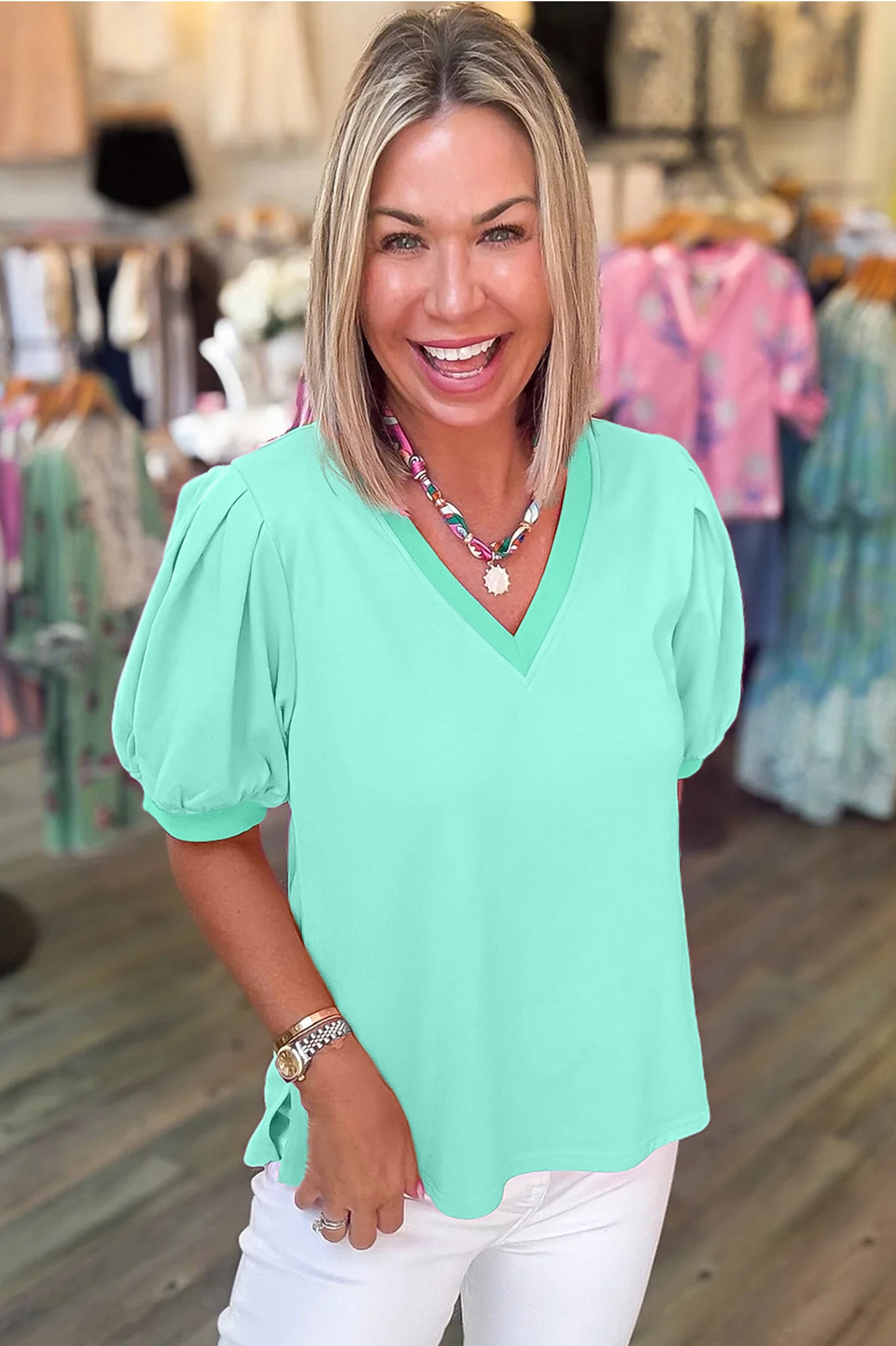 Turquoise Solid Color V Neck Short Puff Sleeve Blouse