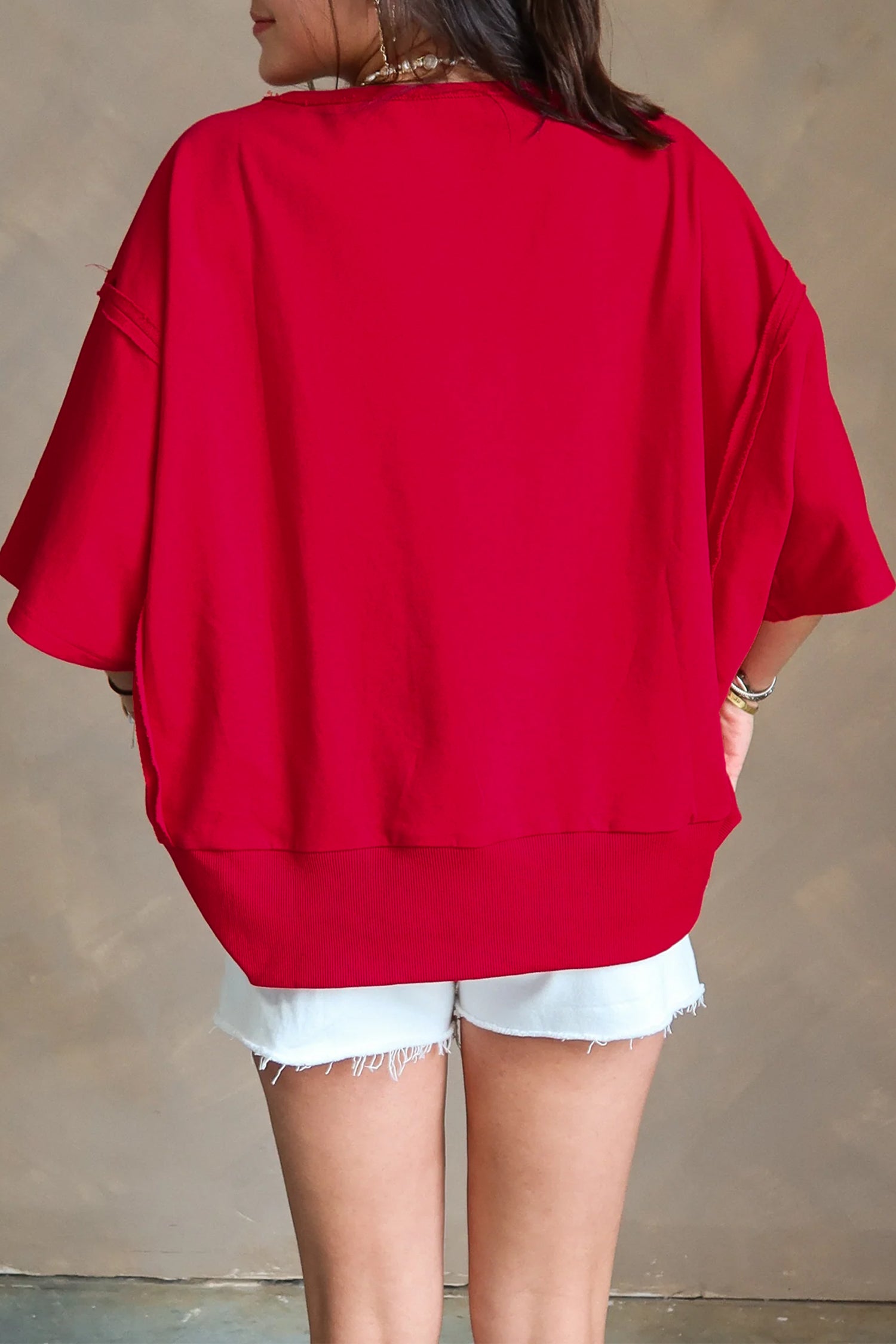 Racing Red GEORGIA Letter Printed Raw Seam Drop Shoulder Loose Tee