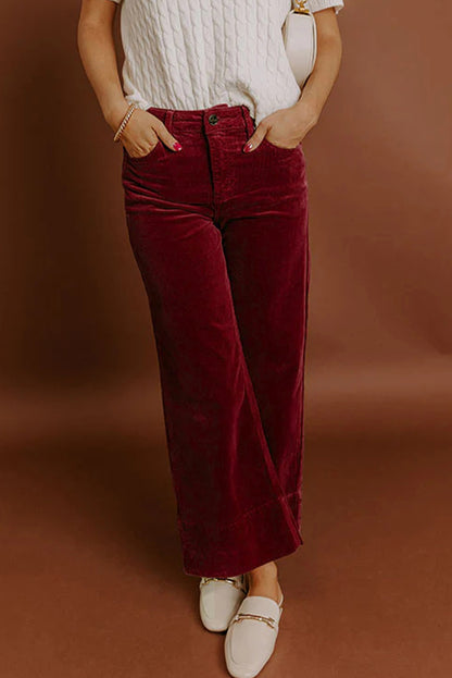 Burgundy Corduroy Solid Color High Waist Wide Leg Pants