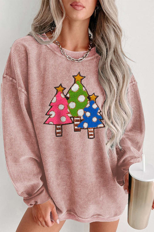 Pink Vintage Wash Sequined Christmas Tree Corded Sweatshirt