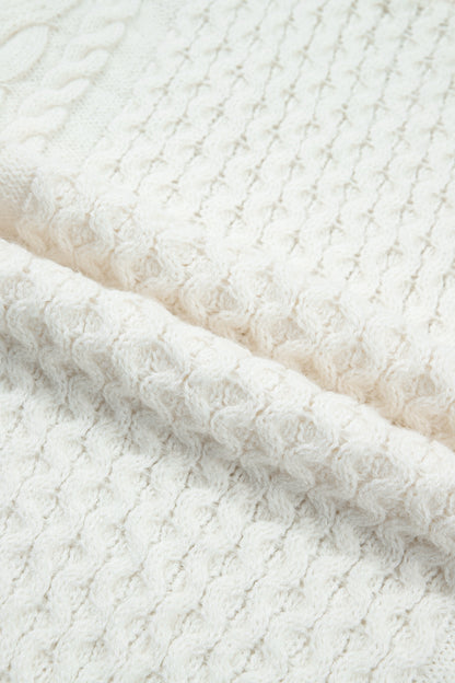 Beige Solid Color Cable Detail Knit Loose Round Neck Sweater