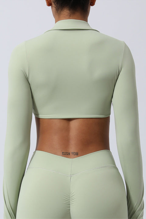 Meadow Mist Green Long Sleeve Collared Twist Neckline Cropped Gym Top