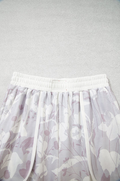 Gray Floral Print Wide Leg Ankle-Length Elastic Waistband Pants