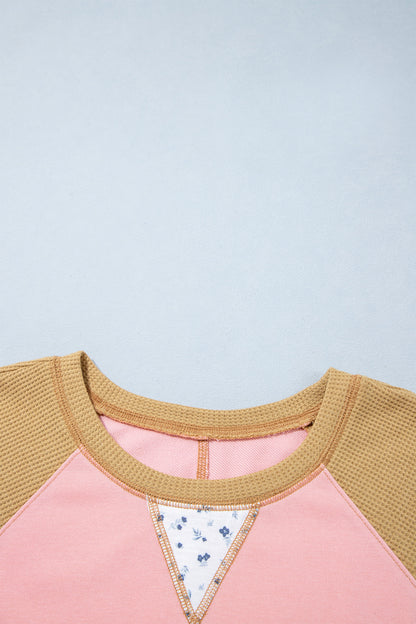 Apricot Pink Color Block Floral Waffle Mixed Patchwork Long Sleeve Top