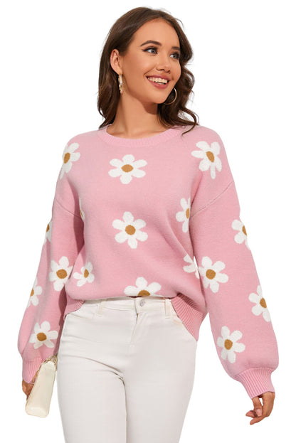 Pull à épaules tombantes et motif floral rose 
