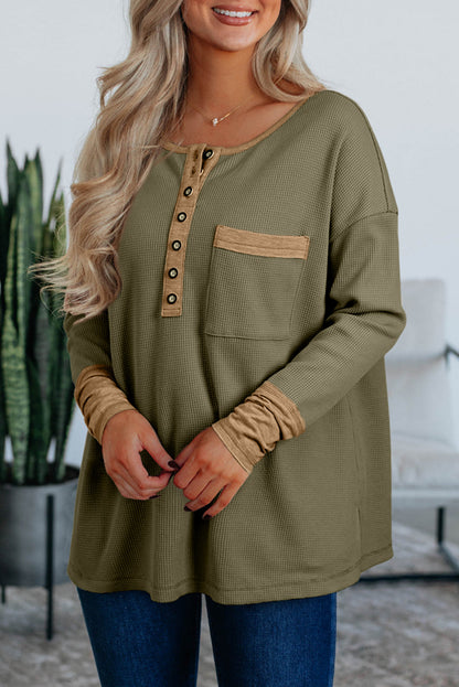 Dark Khaki Color Block Waffle Textured Tunic Henley Top with Slits