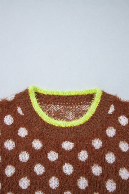 Coffee Polka Dot Contrast Trim Round Neck Half Sleeve Sweater