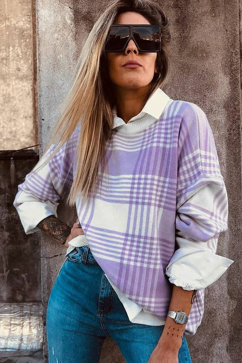 Lilac Plaid Print Ribbed Trim Loose Sweater