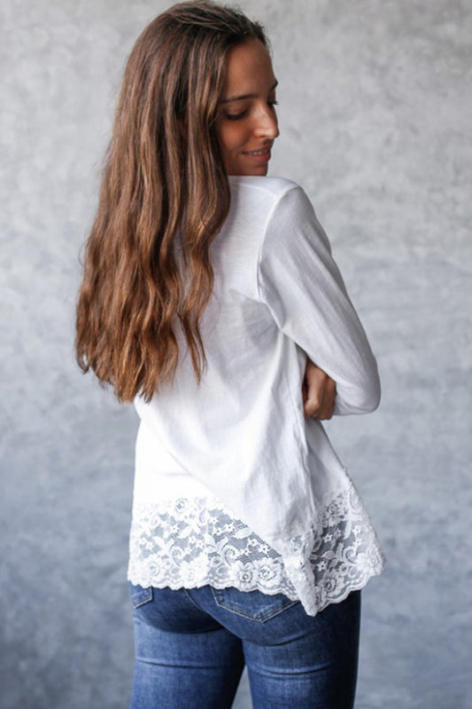 White Lace Trim V Neck Cuffed Long Sleeve Loose Top