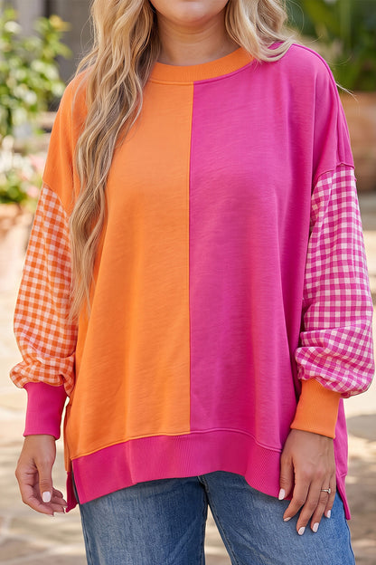 Rose Red Colorblock Patchwork Gingham Sleeve Trendy Plus Size Sweatshirt