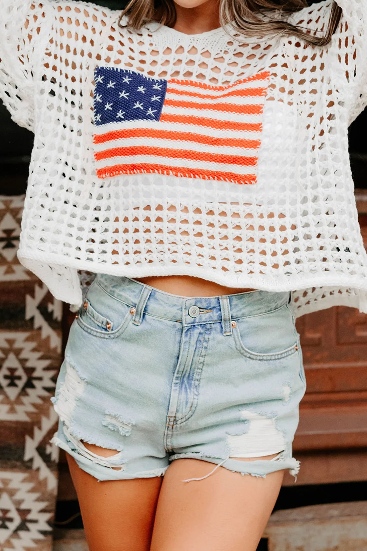 White Hollow Out Crochet Knit American Flag Patched Sweater Hoodie