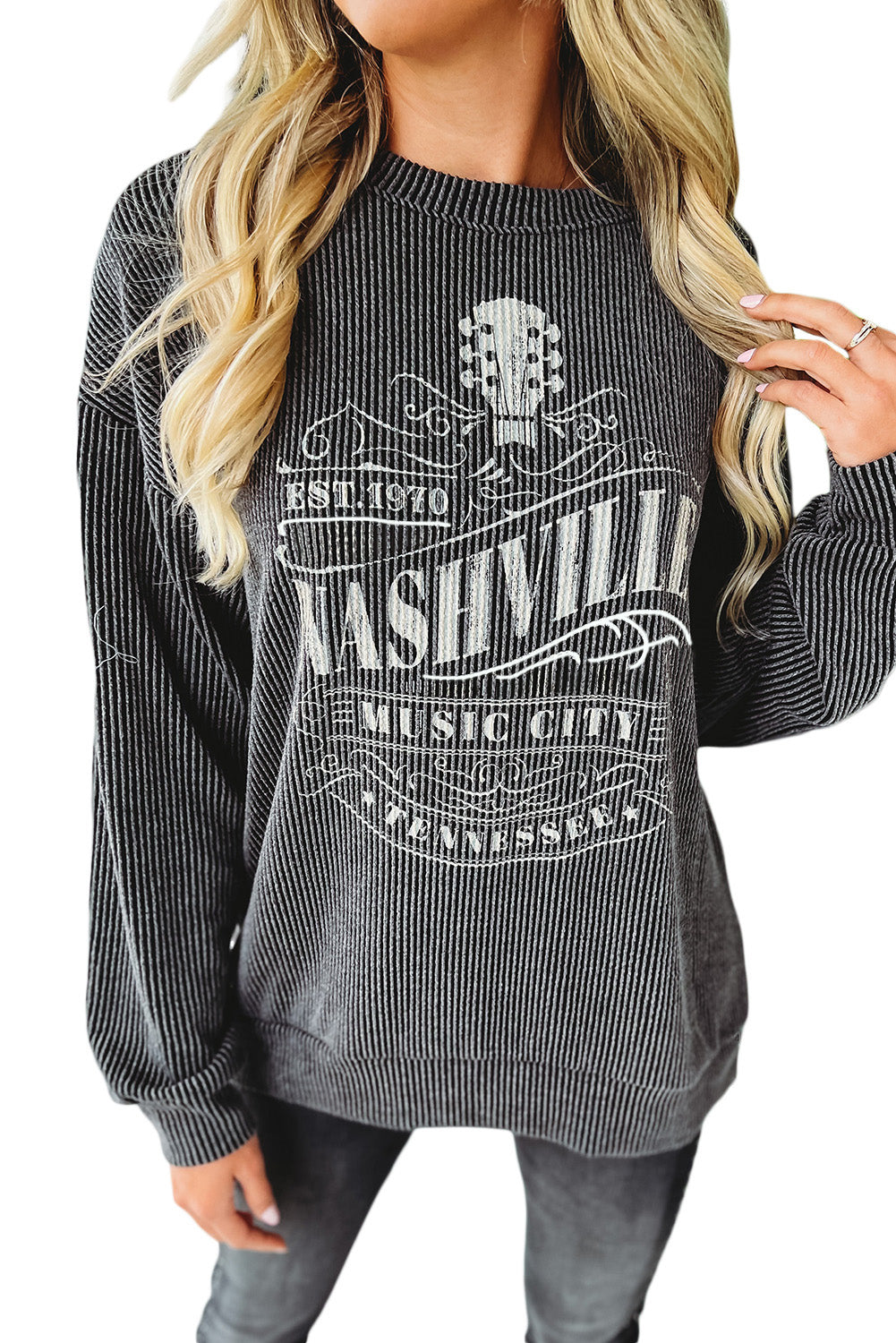 Black NASHVILLE MUSIC CITY Corded Graphic Sweatshirt