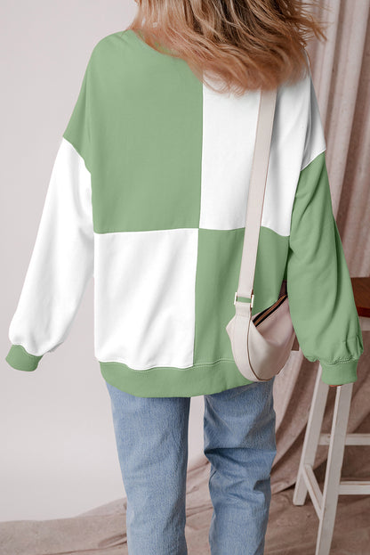 Grass Green Colorblock Henley High Low Oversize Sweatshirt