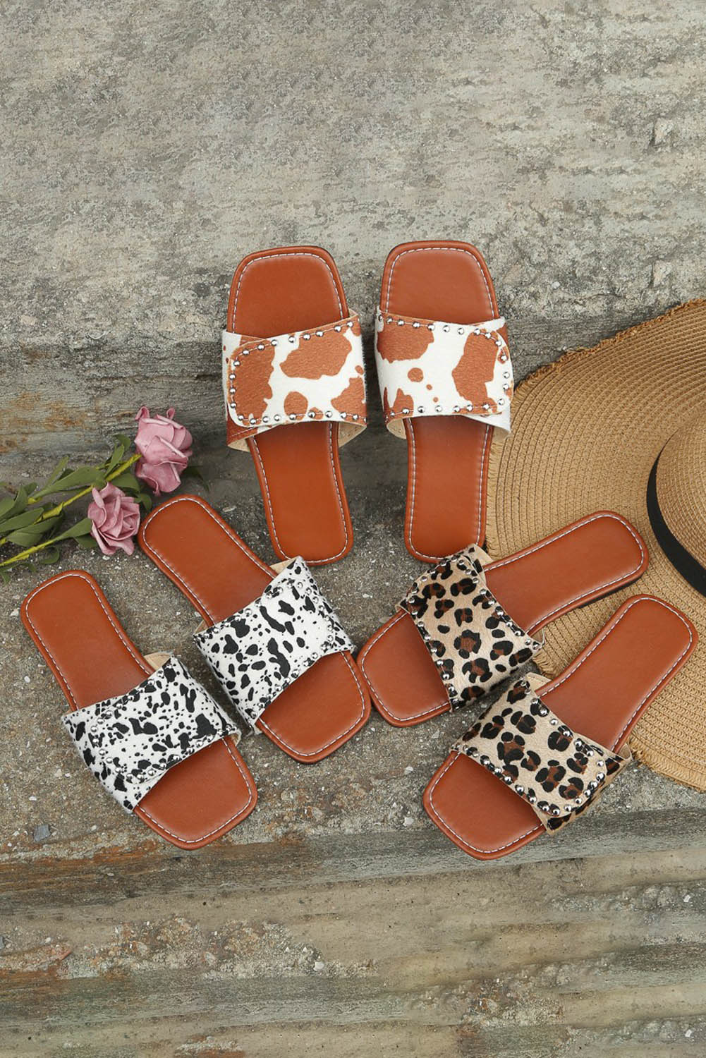 Rivet Embellished Cow Print Flat Slippers