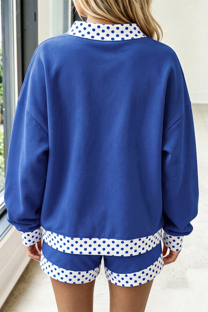 Dark Blue Polka Dot Trim Baggy Pullover 2pcs Short Set