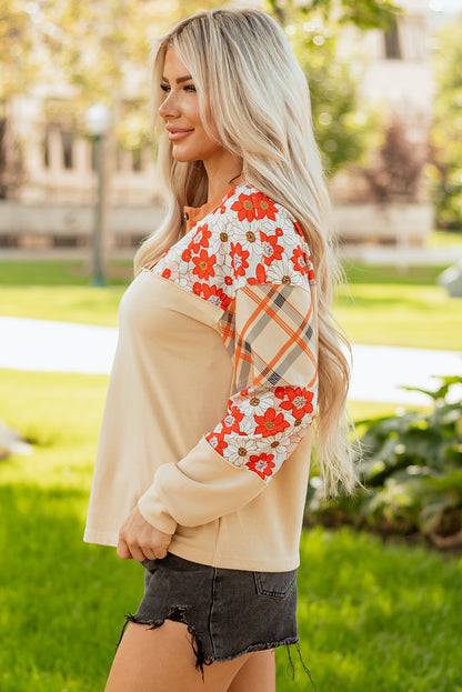 Parchment Floral Plaid Patchwork Casual Top