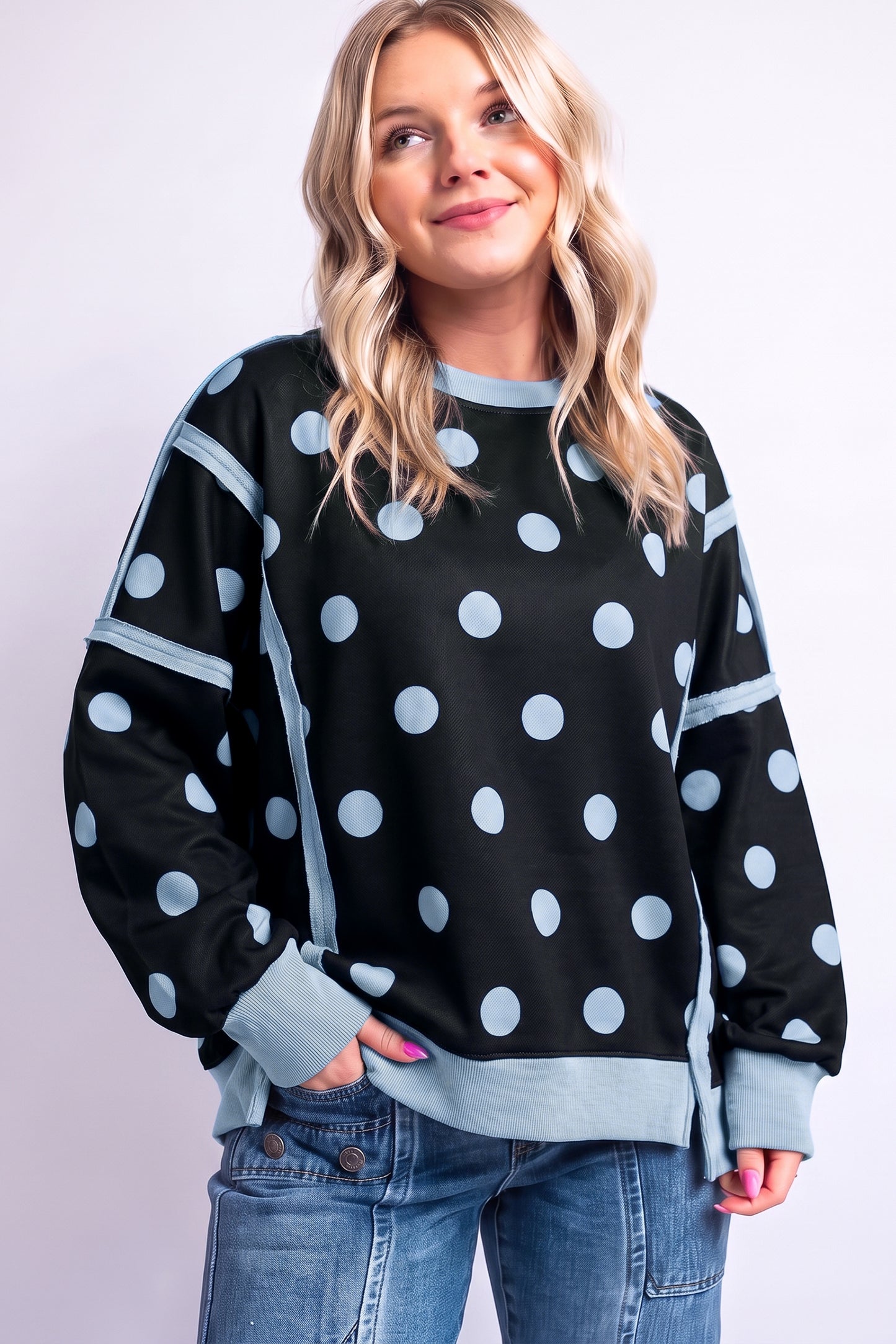 Black Polka Dot Contrast Patchwork Round Neck Baggy Sweatshirt