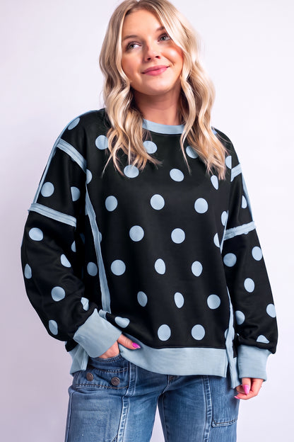 Black Polka Dot Contrast Patchwork Round Neck Baggy Sweatshirt