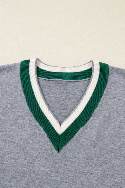 Gray Contrast Striped Trim V Neck Varsity Sweater