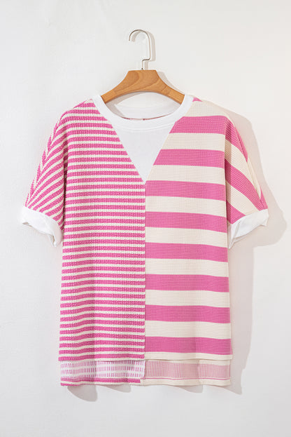 Pink Stripe Patchwork Textured Short Sleeve High Low Loose Top