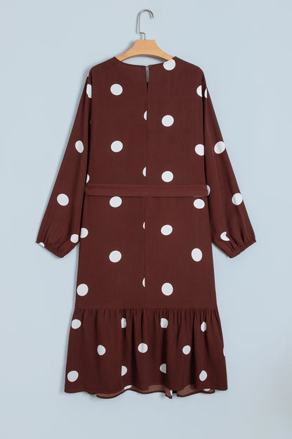 Brown Polka Dot Ruffled Hem Long Sleeve Tie Waist Plus Size Dress