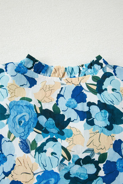 Sky Blue Floral Print Short Puff Sleeve V Neck Blouse