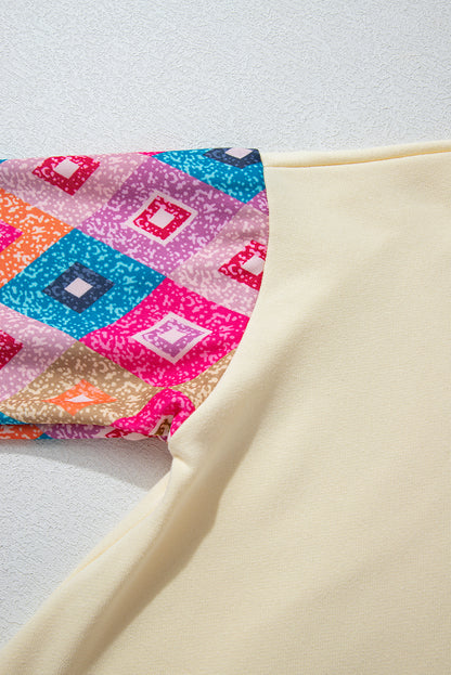 Haut à manches longues et col rond, imprimé géométrique patchwork, abricot