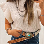 Jet Stream Cable Knit Turtleneck Ruffled Short Sleeve Sweater