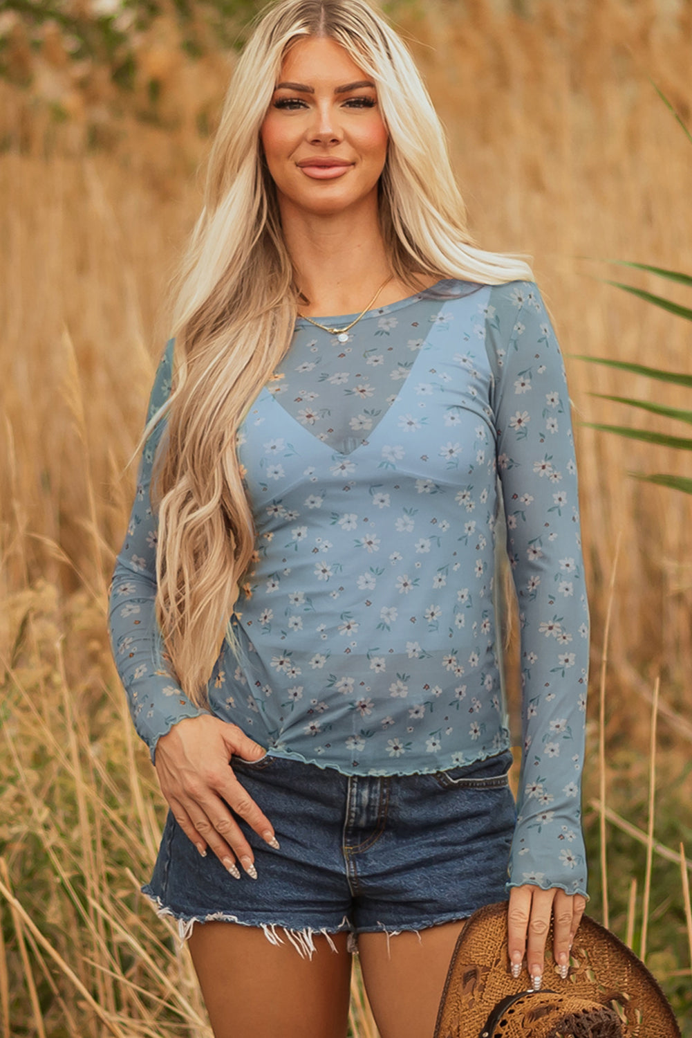 Pink Vintage Floral Print Southern Style Mesh Long Sleeve Top