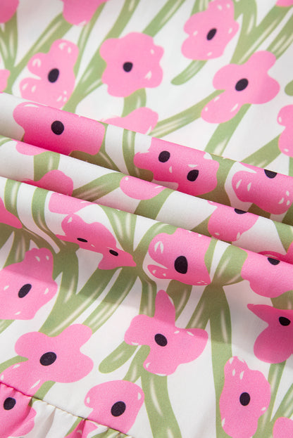 Robe longue rose à imprimé floral, col carré et bretelles à volants