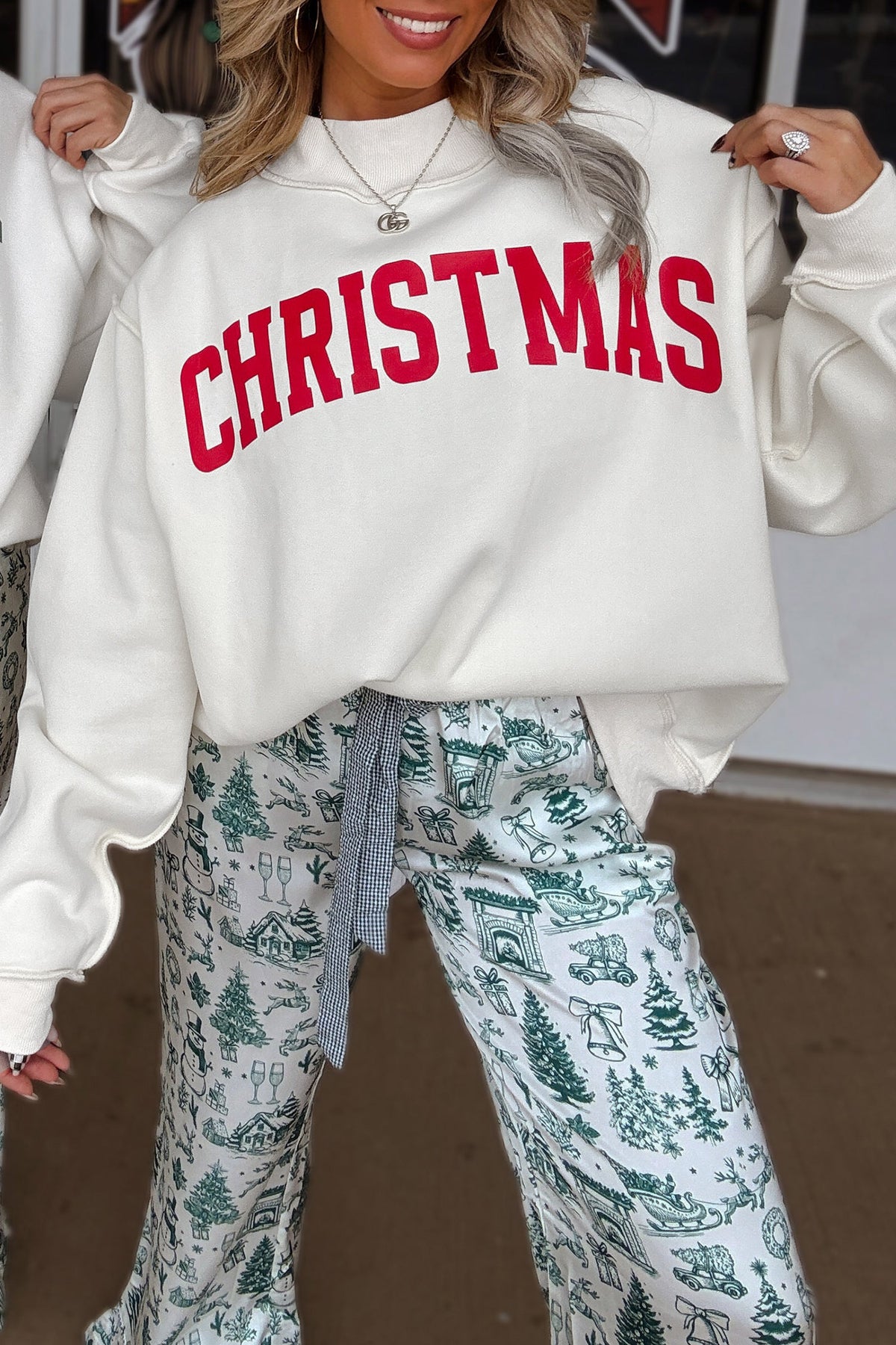 White MERRY/CHRISTMAS Reversible Print Mock Neck Baggy Pullover Sweatshirt