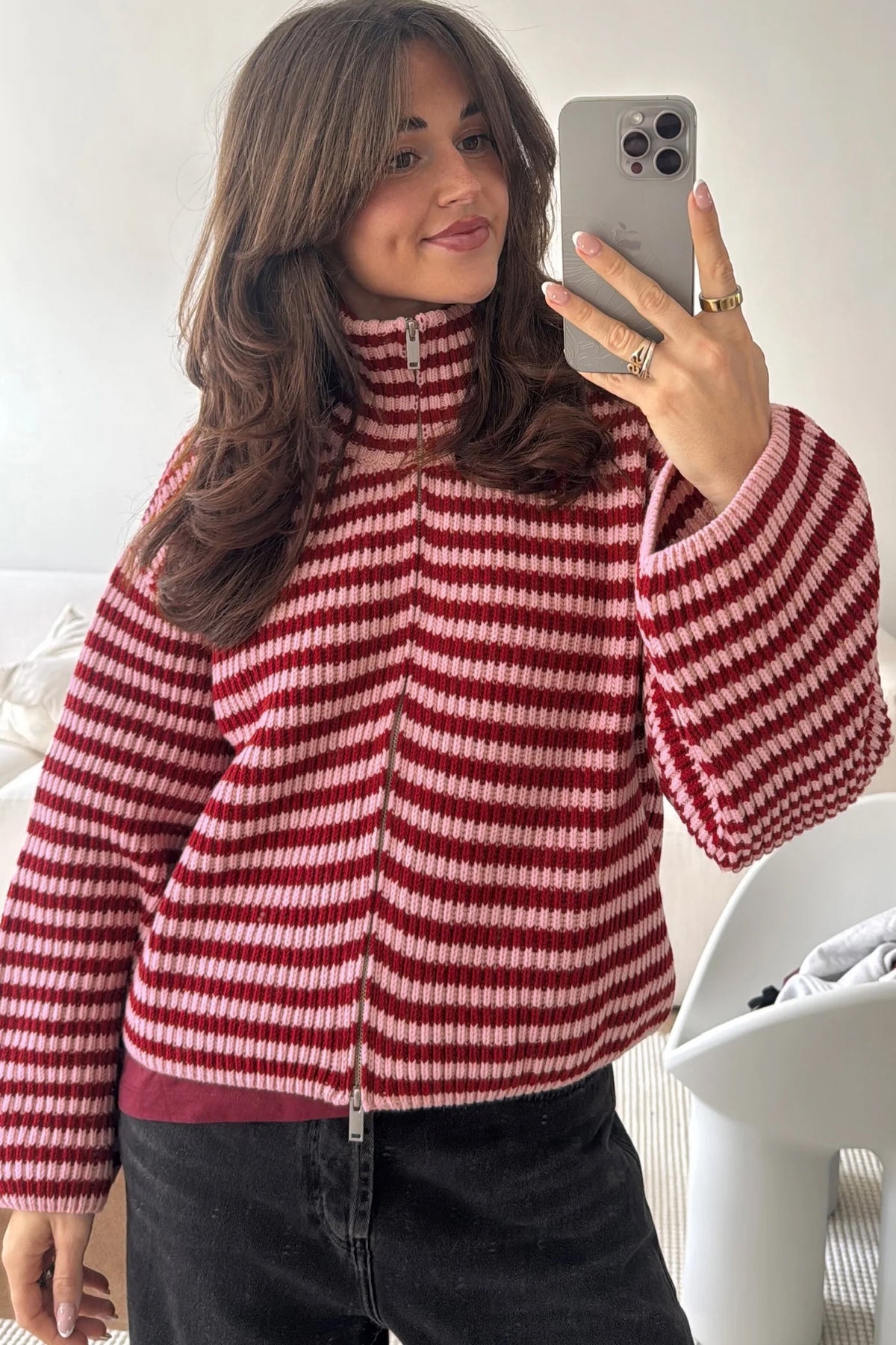 Red Stripe Striped High Neck Zip-up Sweater Long Sleeve Casual Fit Drop Shoulder Open Front Cardigan