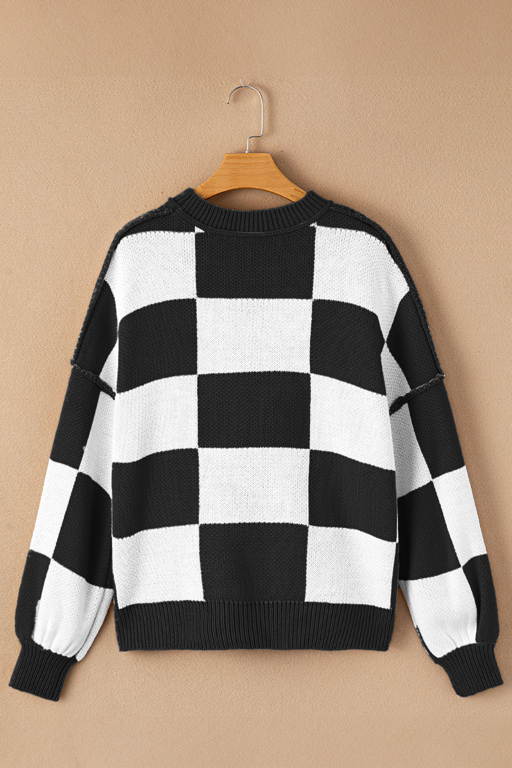 Black Checkered Bishop Sleeve Sweater